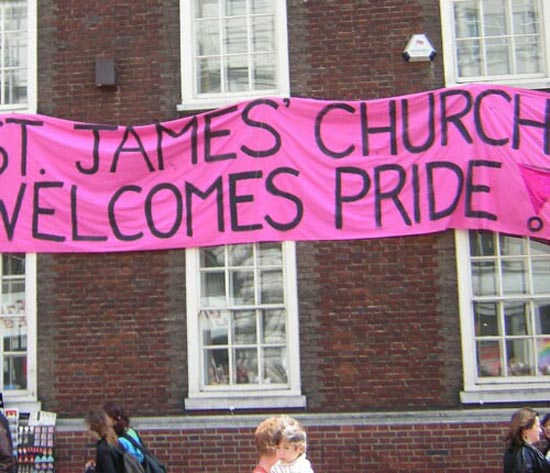 A St. James Church banner welcoming gay pride